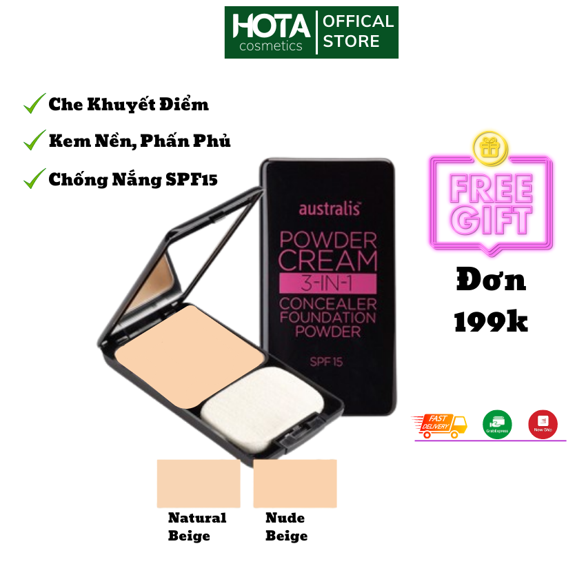 Phấn nền dạng kem che khuyết điểm tốt chống nắng SPF15 Australis powder cream 3 trong 1 kết hợp kem nền, phấn phủ, che khuyết điểm- 2 tone