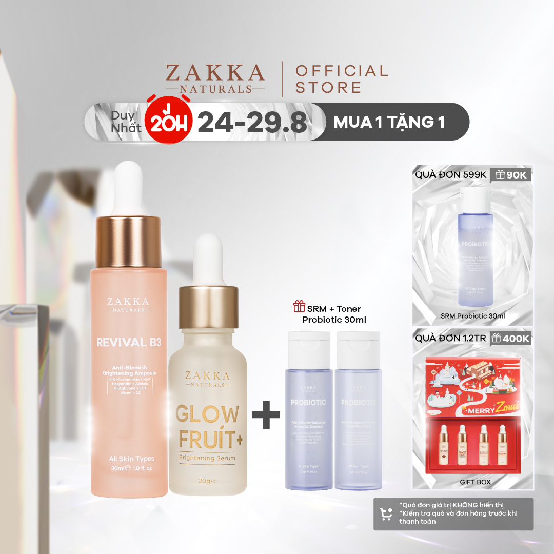 Bộ Đôi Làm Đều Màu Da Zakka Naturals (Serum B3 30ml & Glow Fruit+ 20g)