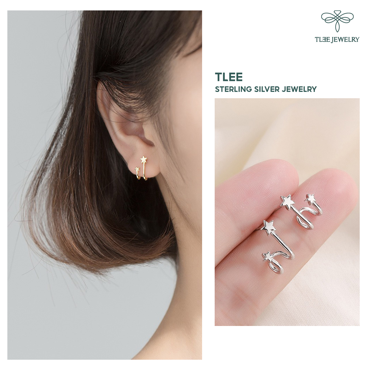 Khuyên tai bạc TLEE sao kép mini kiểu dáng lạ cá tính TleeJewelry B0104
