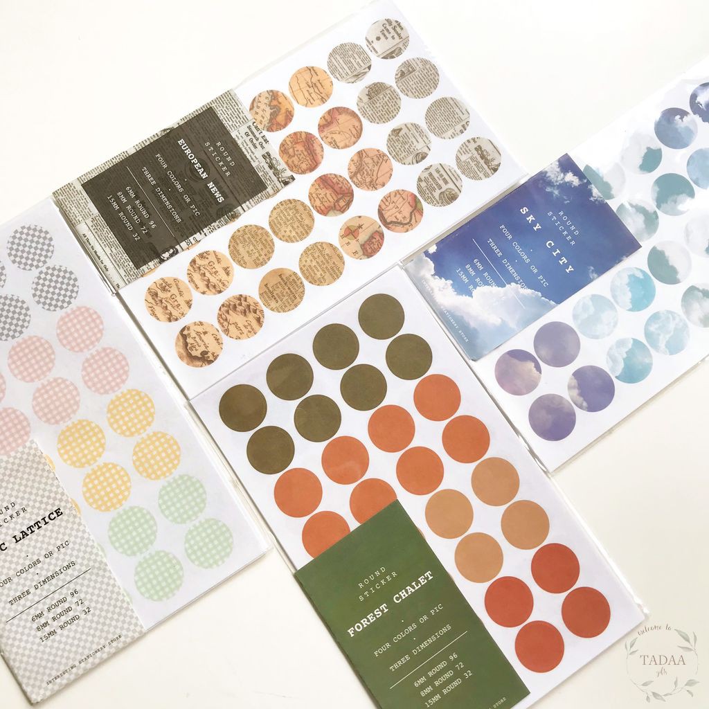 Sticker tròn, nhãn dán dot, round hoạt tiết báo cũ, bầu trời, caro, trang trí bullet journal, sổ tay, nhật ký, planner