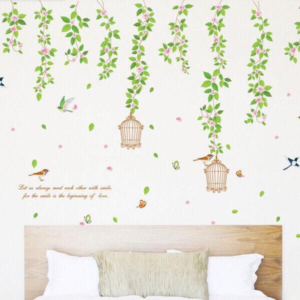 Decal dán tường dây hoa và lồng chim - tranh dán tường giấy dán tường lồng chim kèm dây hoa xanh trang nhã