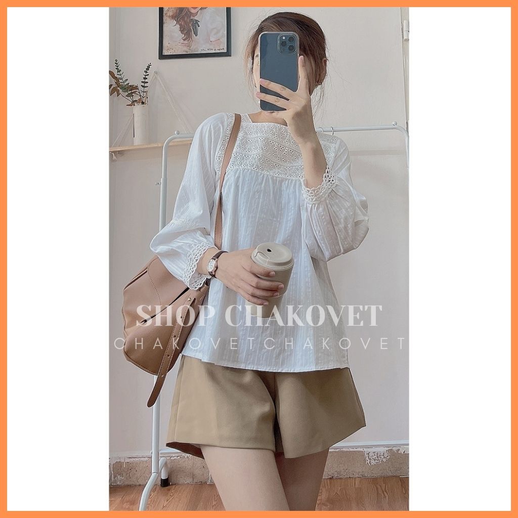 Áo Dài Tay Tay Bồng Cổ Vuông Pha Ren Vai Ngực Kiểu Dáng Babydoll Freesize - CKA151