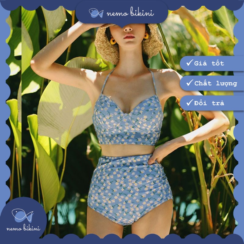 Bikini đi biển, đồ bơi nữ 2 mảnh tôn dáng hoa nhí xanh biển Nemo Bikini - B32