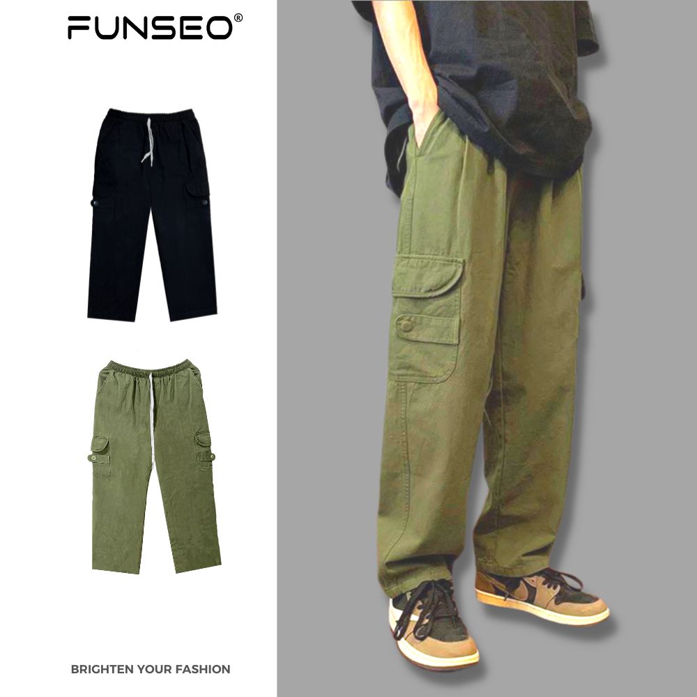Quần cargo pants funseo basic nam nữ ống rộng, quần dài túi hộp kaki unisex form rộng qd01