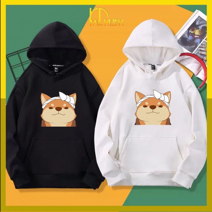 [Hoàn Tiền 15%] Áo hoodie cặp nam nữ in chú cún đeo nơ dễ thương 2 màu đen trắng