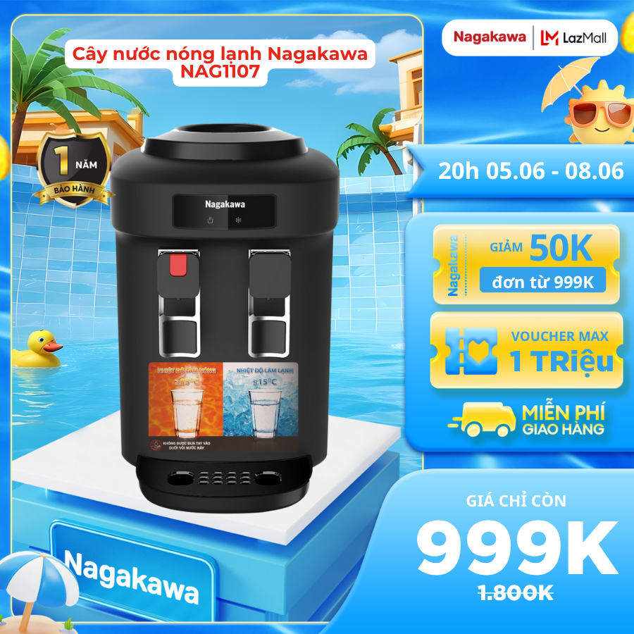 Cây nước để bàn Nagakawa NAG1107, 2 chế độ nóng - lạnh, dạng úp bình, làm lạnh nhanh, khóa trẻ em