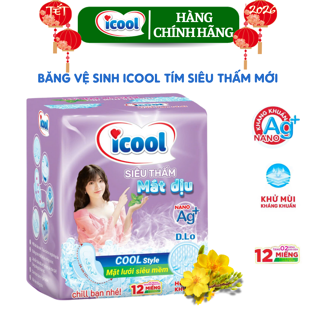  {Hàng chính hãng} Băng vệ sinh ICOOL siêu thấm tím mới 12 miếng BVS ban ngày 24cm có cánh MẶT LƯỚI MỀM khô thoáng kháng khuẩn khử mùi bạc hà MÁT DỊU. 