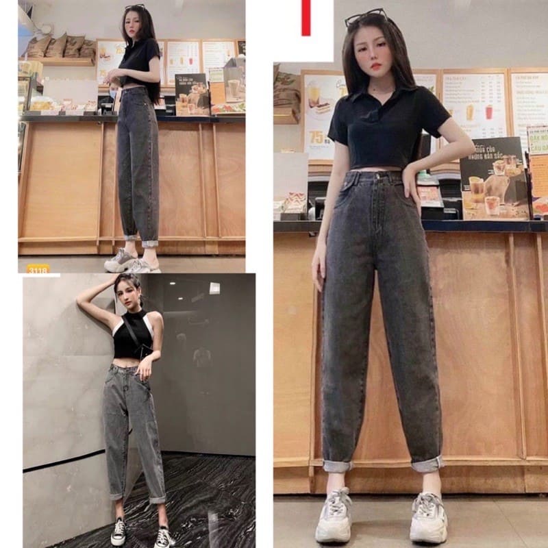 Quần baggy jeans bò xám khói, quần bò lưng cao baggy thời trang Hàn Quốc,quần dài nữ,quần baggy nữ. METSHOP
