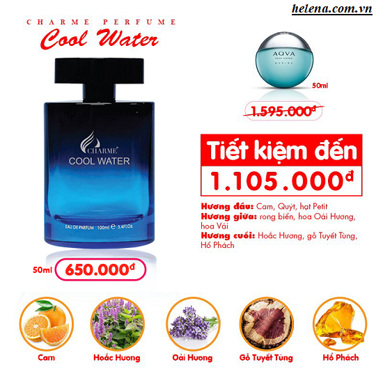 Nước Hoa Nam Charme_Cool Water Chính Hãng - Dầu Thơm Tinh Dầu Perfume Đàn Ông Thơm Lâu, Lịch Lãm, Cổ Điển Sang Trọng Giữ Mùi 100ML