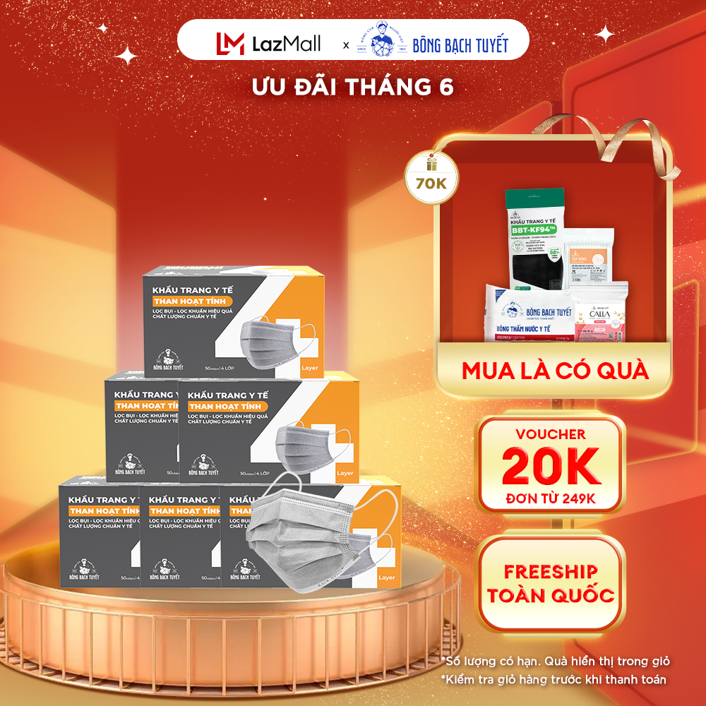 Combo 6 Hộp Khẩu trang Bông Bạch Tuyết than hoạt tính 4 lớp