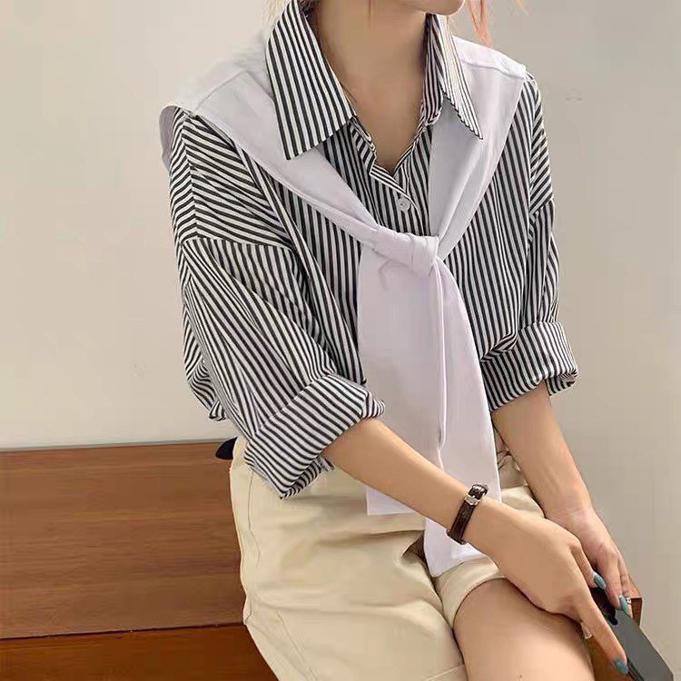 B1006-Áo sơ mi soc tay dài phối choàng cổ RờI