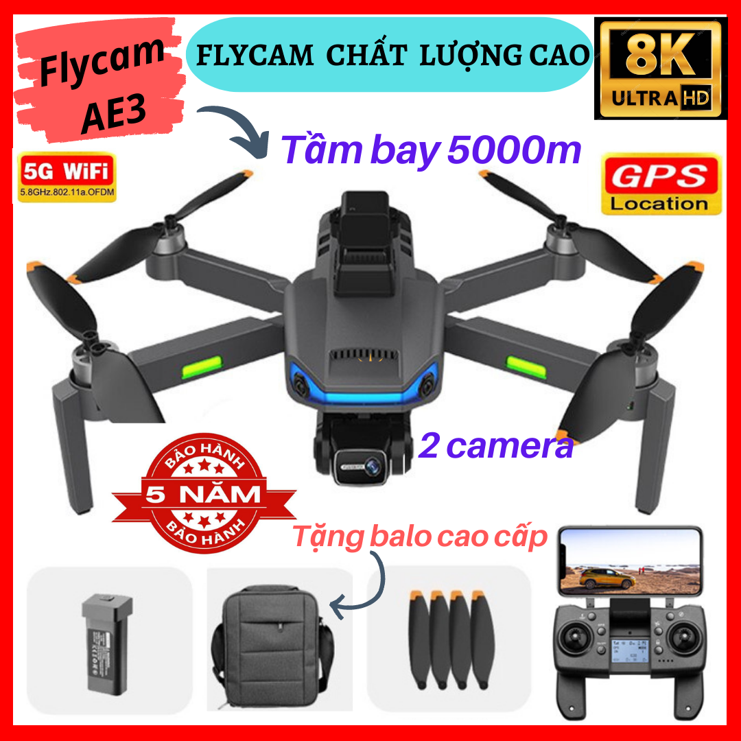 Camera Flycam AE3 Pro Max, MÁY BAY FLYCAM AE3  DRONE 4K Camera Chuyên Nghiệp, Chụp Ảnh Trên Không, Trang Bị Cảm Biến Chống Va Chạm - 2 Camera (Tặng Thêm Bộ Cánh Dự Phòng)