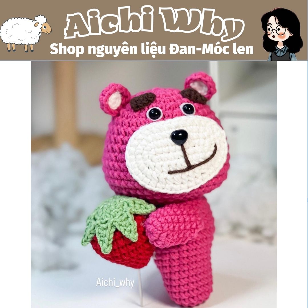 Set nguyên liệu móc len gấu dâu + giấy hướng dẫn.