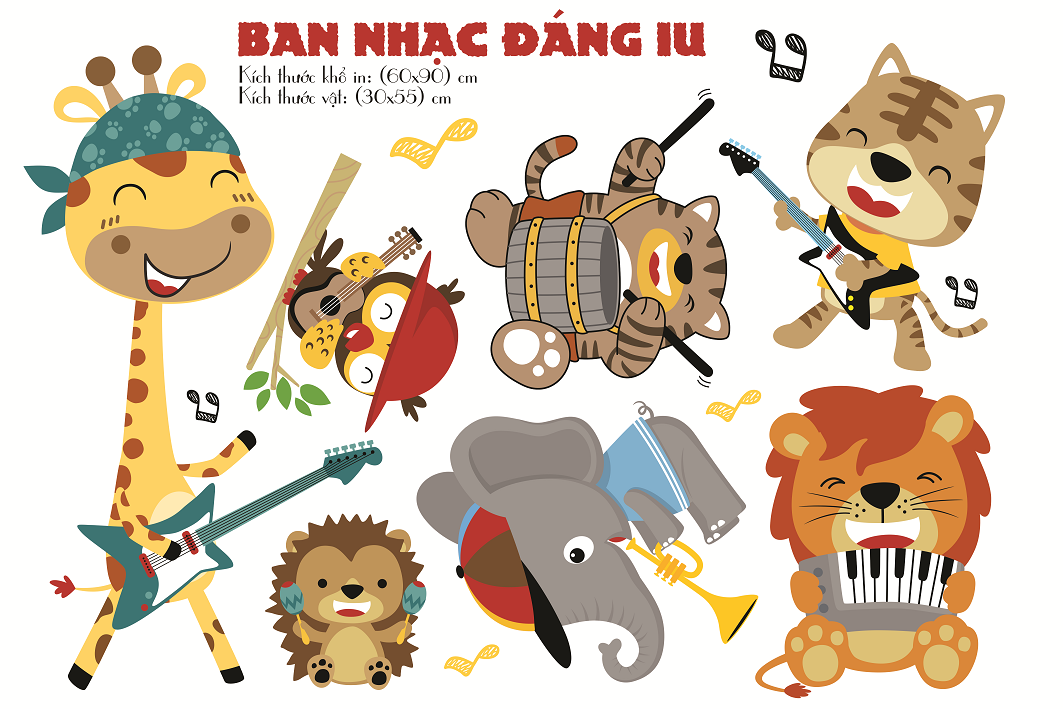Decal dán tường ban nhạc đội thú - trang trí phòng bé