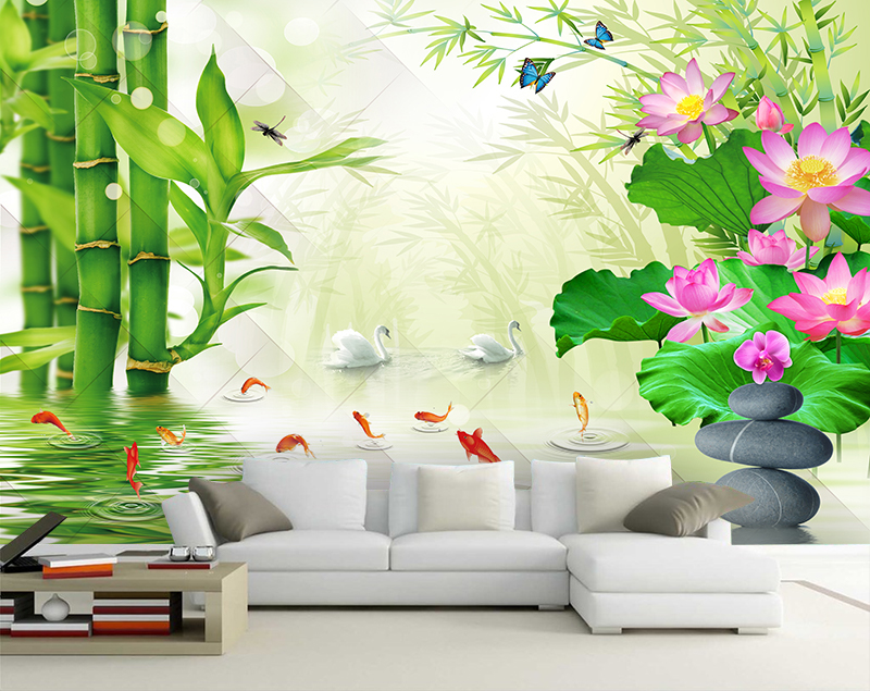 Tranh dán tường Cửu Ngư và Hoa Sen 88 PC phủ kim sa cao cấp