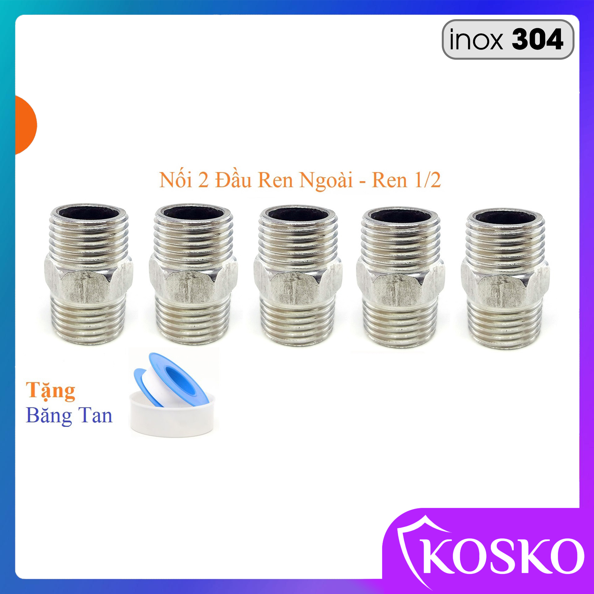 Combo 5 chiếc Nối 2 đầu ren ngoài inox ( Kép nối inox Ren 1/2 ) - Tặng kèm băng tan