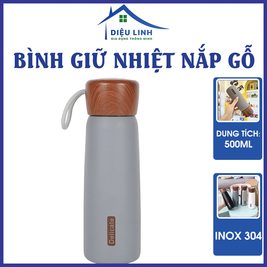  Bình Giữ Nhiệt Inox 304 Nắp Vân Gỗ Có Dây 500ml Dieulinhshop 