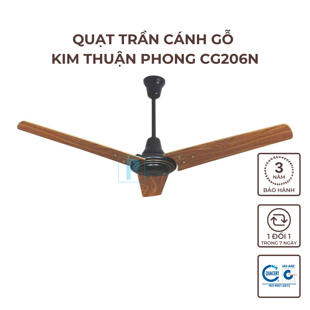 Quạt trần cánh gỗ Kim Thuận Phong CG206N (Đen - Nâu)