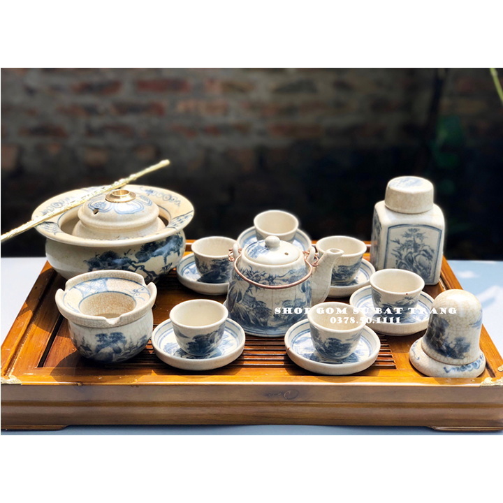 Bộ ấm trà Bát Tràng men rạn giả cổ dáng vuốt