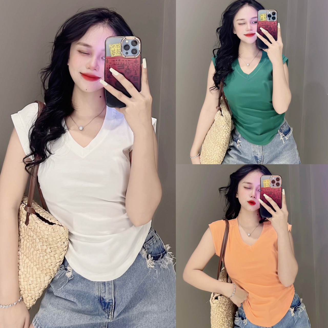 Áo thun ôm Nữ Cổ Tim Tay tay hến nhún eo