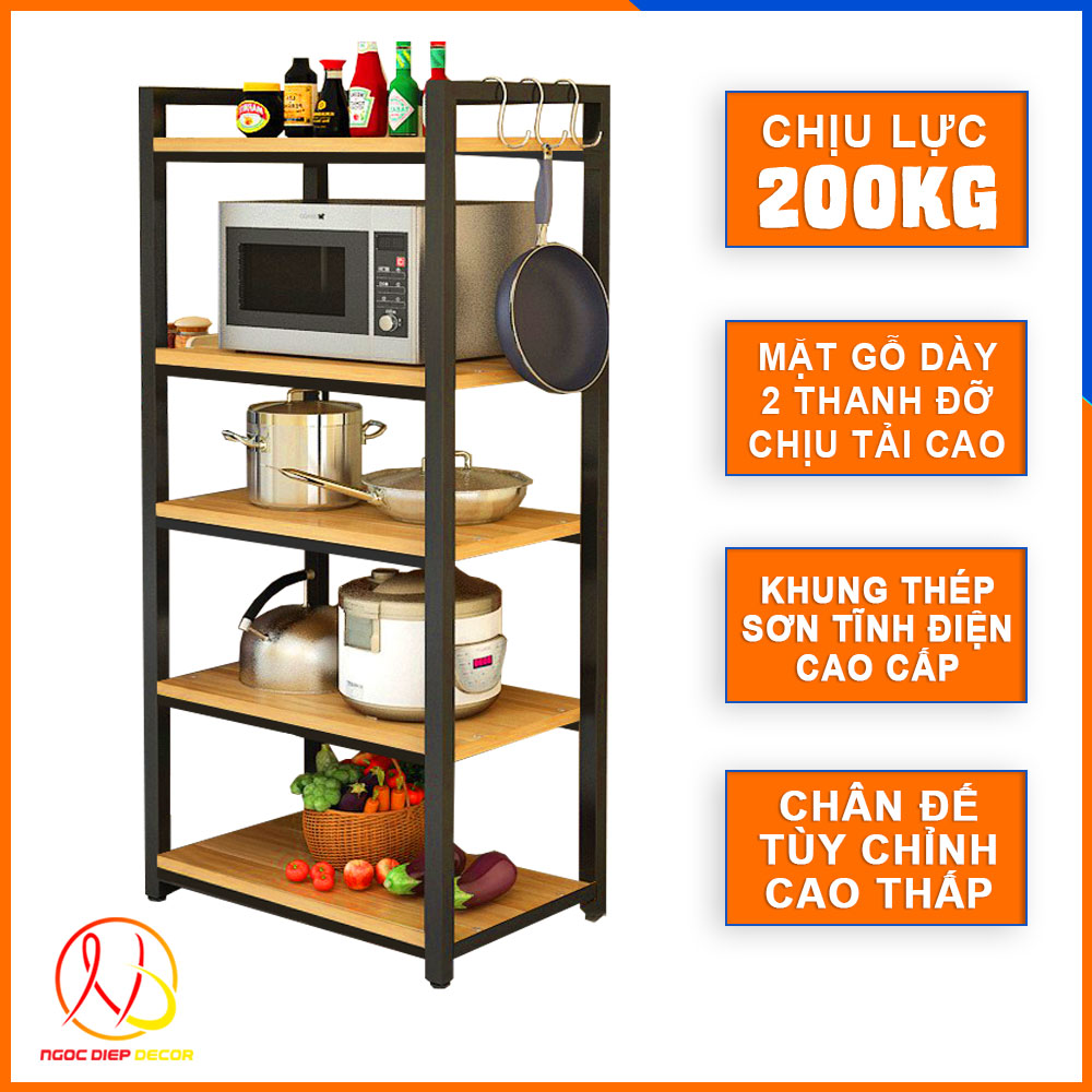 [Loại 5 Tầng] Kệ gỗ để đồ nhà bếp, lò vi sóng, đồ gia dụng,  thiết kế khung thép sơn đen chống han gỉ và chịu lực tốt