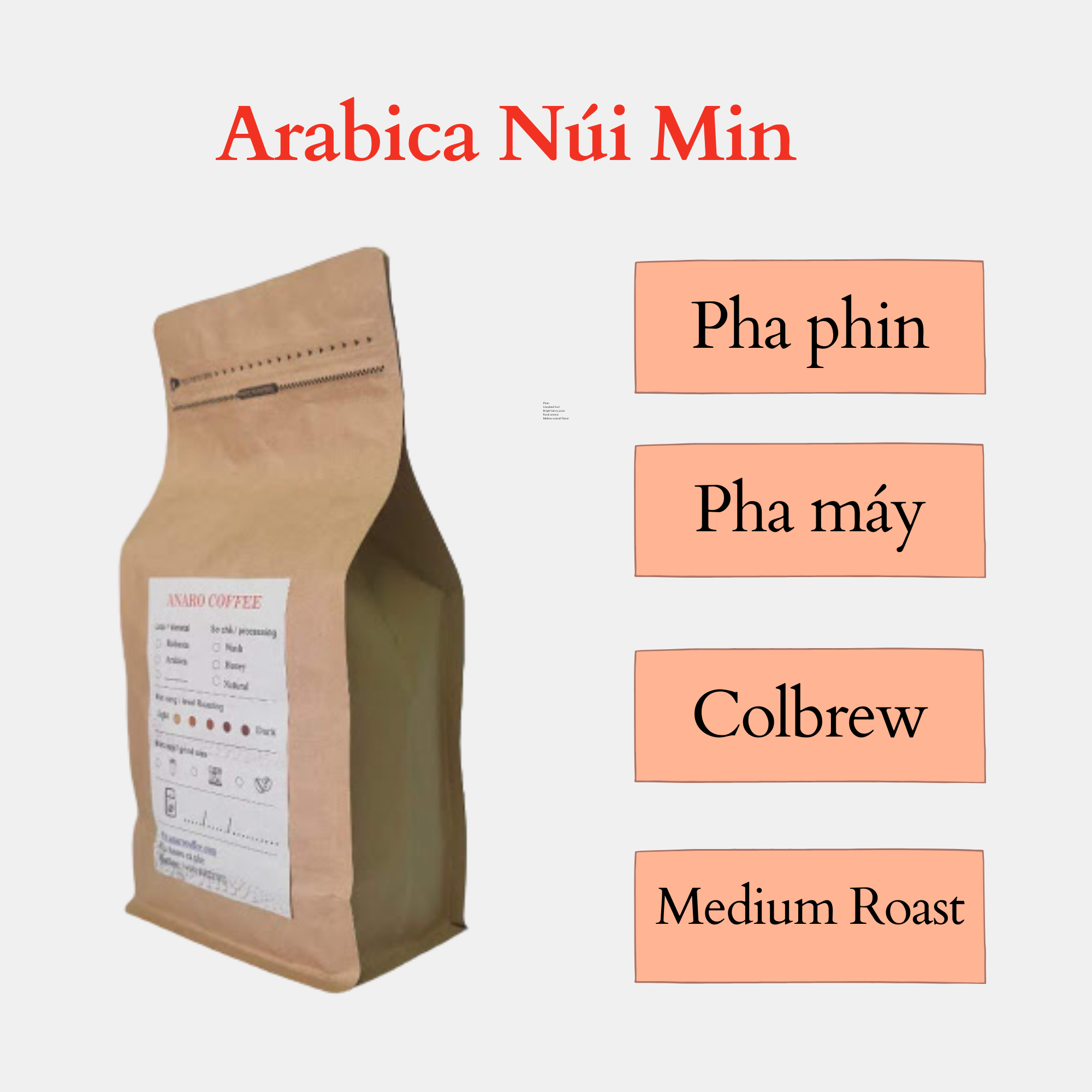 Hạt Arabica Núi Min sơ chế ướt, hạt phơi nắng tự nhiên, nhặt tay hạt lỗi, mức rang Light - Medium , độ cao 1600