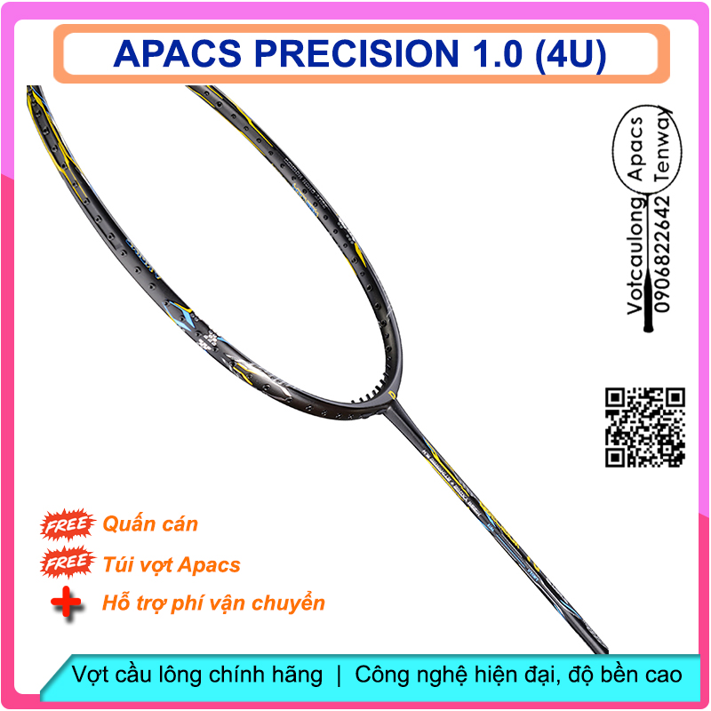 Vợt cầu lông Apacs Precision 1.0 Vợt 4U thân dẻo, thiên công hơi nặng đầu, chịu lực đan lưới cao