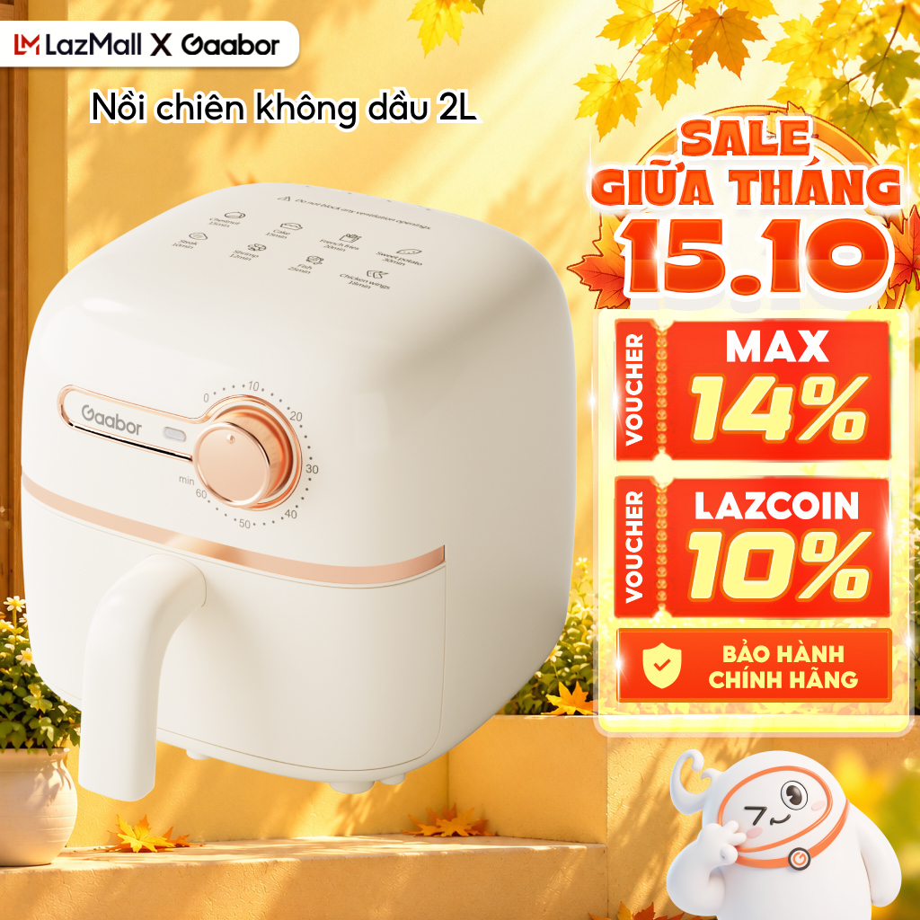 2L Gaabor Af20M-Ye01S Oil-Free Fryer with Automatic Power Shut-Off, Non-Stick Tray, Fast Heating - Energy Saving - 12-Month Warranty, 1-for-1 Exchange