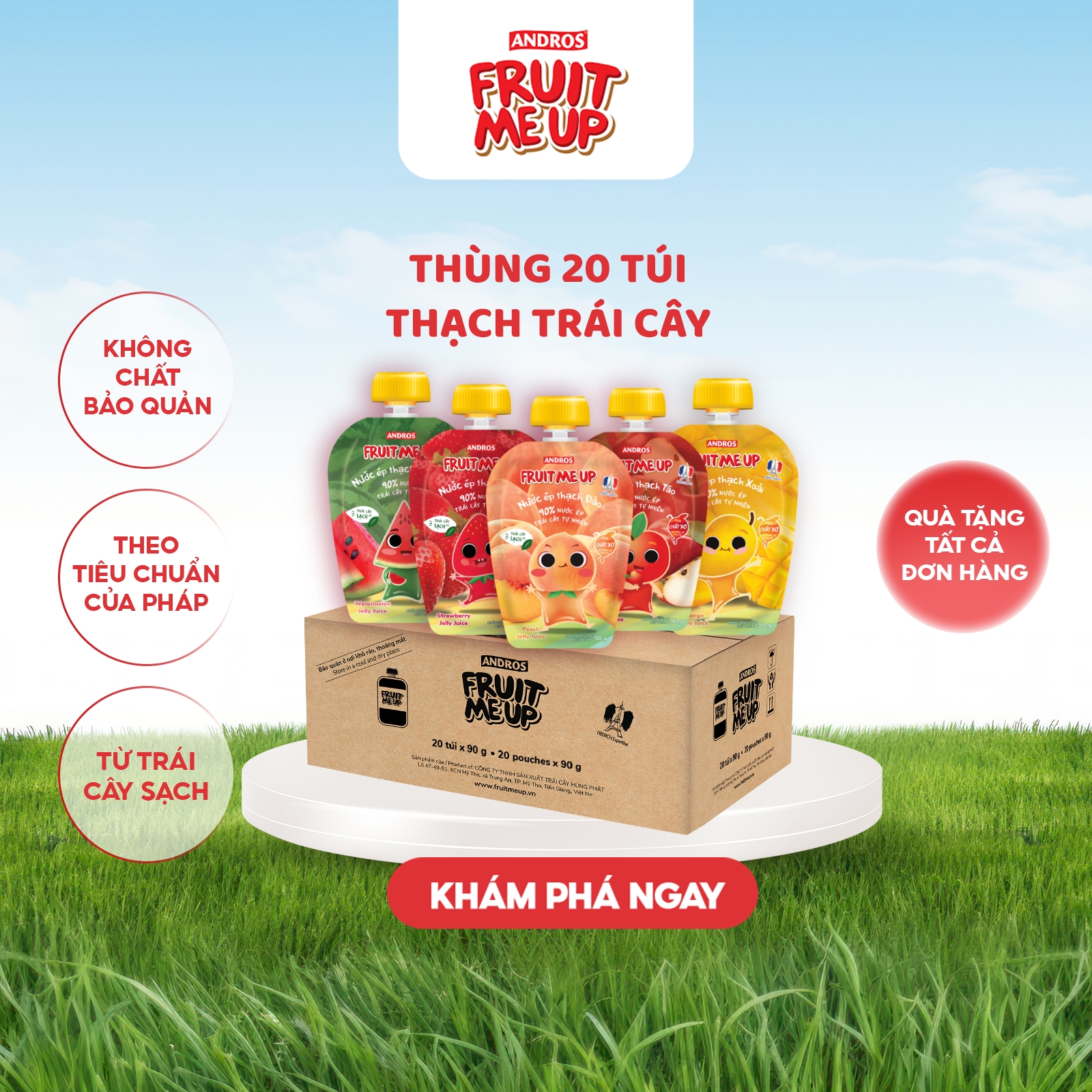 Thùng 20 Túi Thạch Trái Cây -  90% Nước ép trái cây thật - ANDROS FRUIT ME UP - 90gx20