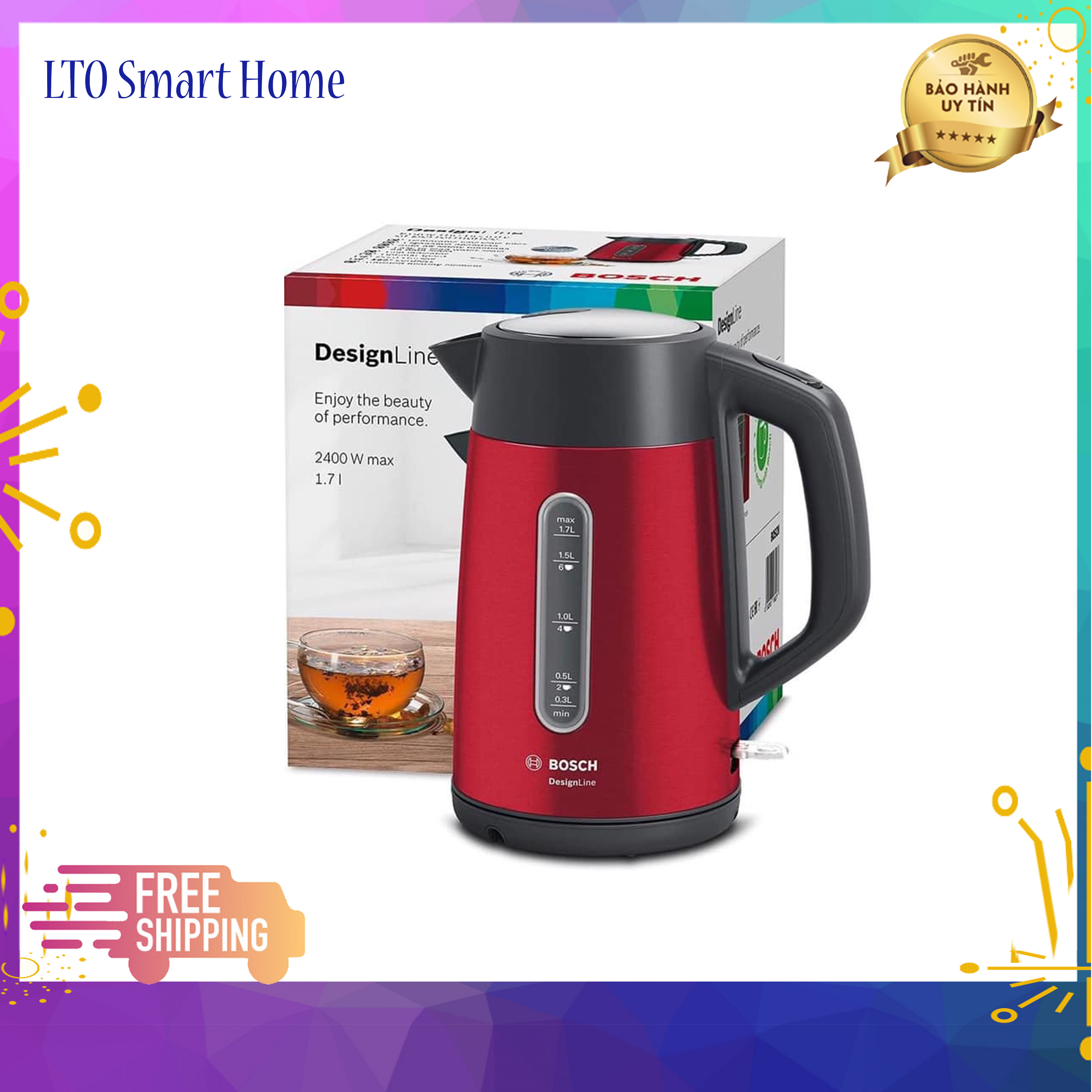 Ấm siêu tốc bos twk4p434, lto smart home ms18, dung tích 1,7l chất liệu thép không rỉ công suất 2400w, ngắt tự động, đế xoay 360 độ.