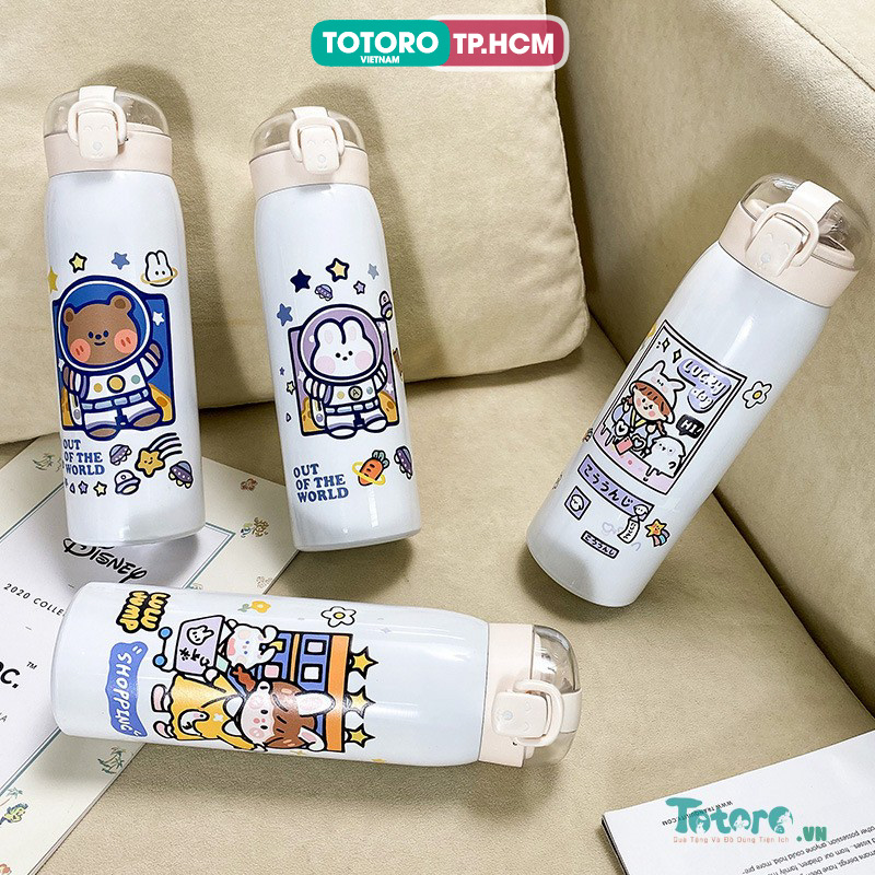 Bình giữ nhiệt inox 500ml có ống hút Gấu Thỏ dễ thương