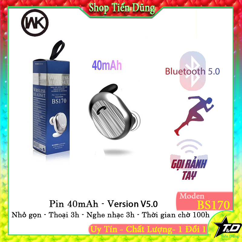 Tai nghe bluetooth không dây wk disegn bs170 dòng có 1 tai pin 40mah cho thời gian nghe 3h