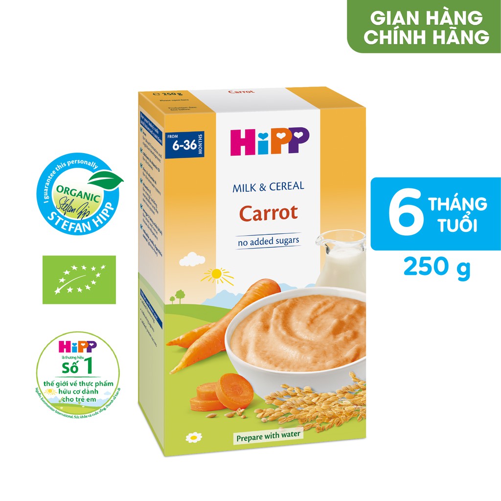 Bột Ăn Dặm Dinh Dưỡng Sữa, Ngũ cốc &amp; rau củ - Cà rốt HiPP Organic 250g. babyme