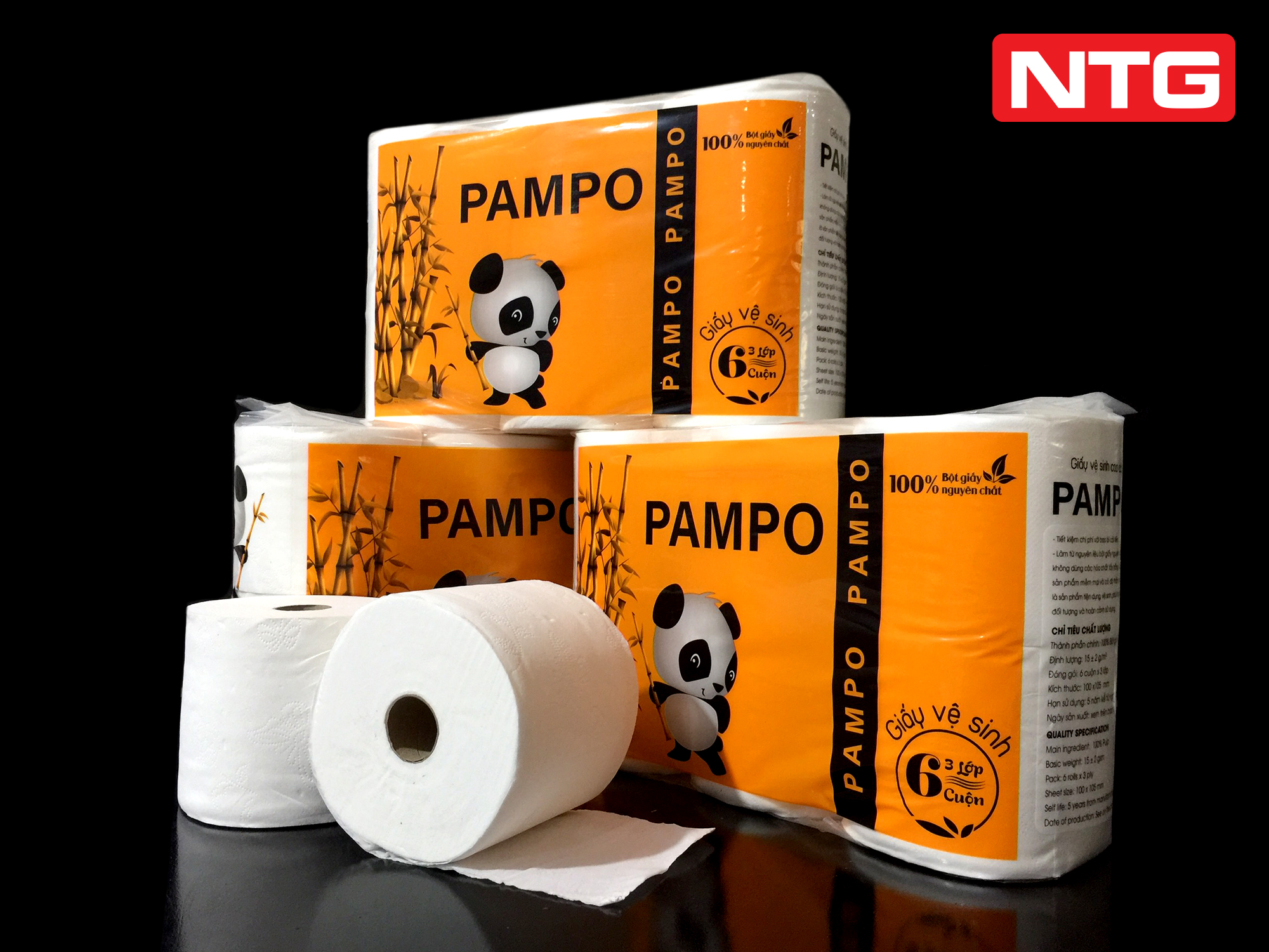 Combo 3 lốc - 18 cuộn giấy vệ sinh pampo, 3 lớp , cuộn lên tới 300 tờ, giấy dai mịn
