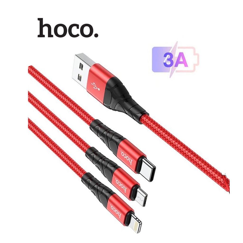 Cáp sạc 3 đầu sạc nhanh 3A Hoco DU02 Lightning/Micro/Type-C dây dù Hoco siêu bền dài 1.2M cho mọi thiết bị
