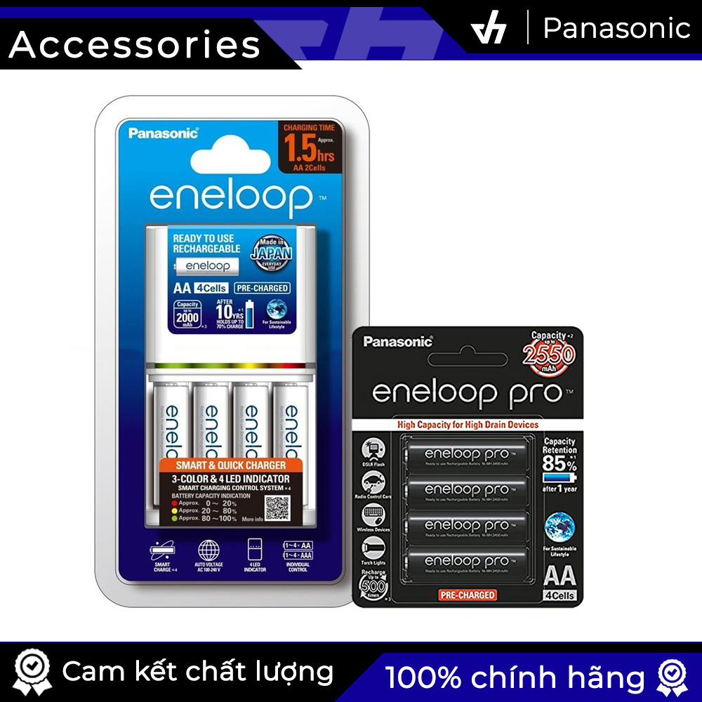 Combo sạc pin chuyên nghiệp 1.5 giờ Panasonic tự ngắt kèm 4 pin 2000mAh + 4 pin 2550mAh pro