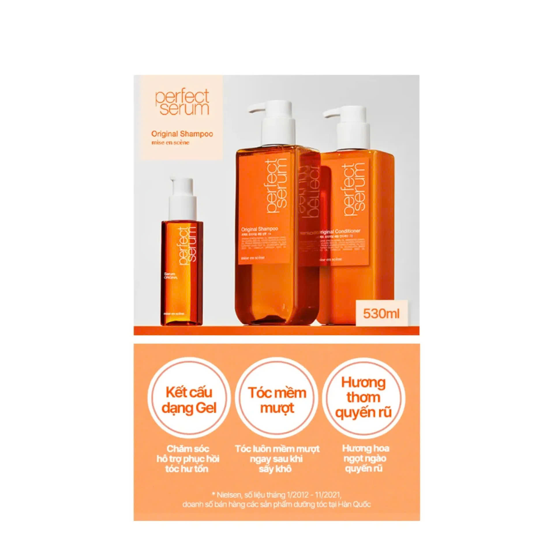 Dầu gội Và Dầu Xã  mise en scène Perfect Serum 530ml dưỡng tóc mềm mượt, hỗ trợ phục hồi tóc hư tổn/tóc uốn