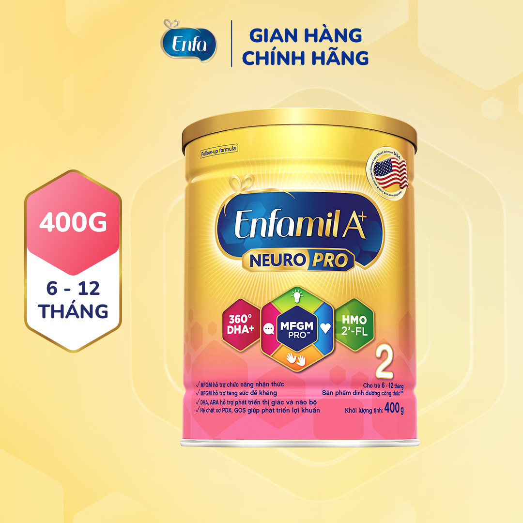 Sữa bột Enfamil A+ NeuroPro 2 Vị thanh mát 2'FL HMO với dưỡng chất DHA  MFGM cho trẻ từ 6 –12 tháng tuổi– 400g
