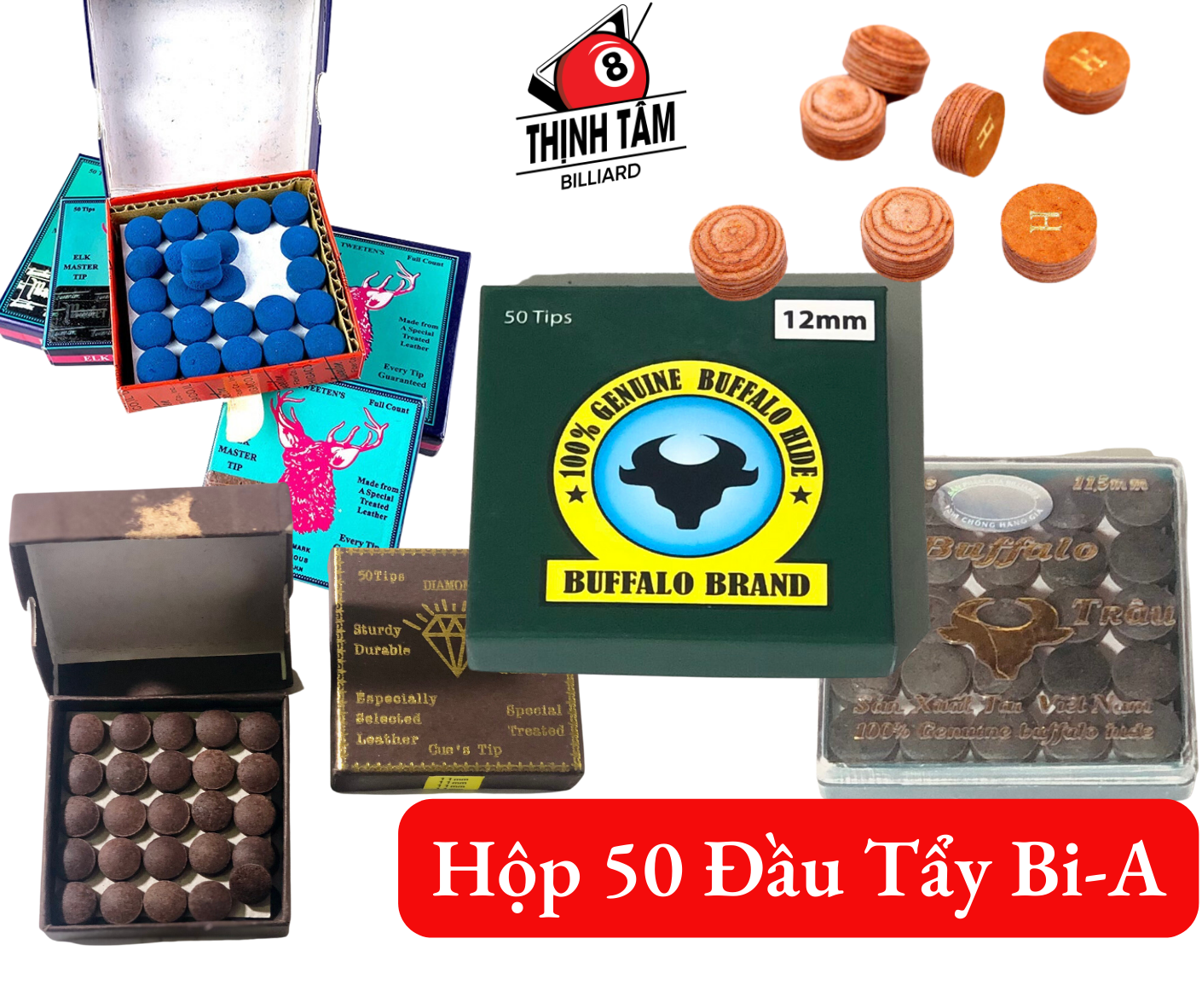 Hộp 50 đầu cơ - đầu tẩy bida đặc biệt, đầu trâu vàng bida bi-a 11.5mm 12mm 13mm special