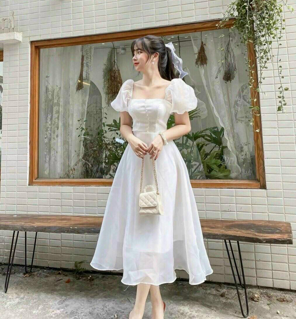 Đầm Váy Nữ Dạ Hội Đính Cườm Ngực Tay Bồng Cổ Vuông Chất Voan Tơ Bóng Kèm Lót Thiết Kế Sang Chảnh Đi Làm Công Sở, Đi Chơi Du Lịch Cực Xinh Đẹp Beta Fashion, Free Size (40-55) Ký Mặc Vừa Nha