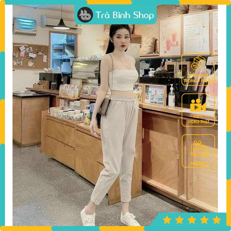 Quần baggy nữ chất dạ cạp chun đính cúc đôi trẻ trung