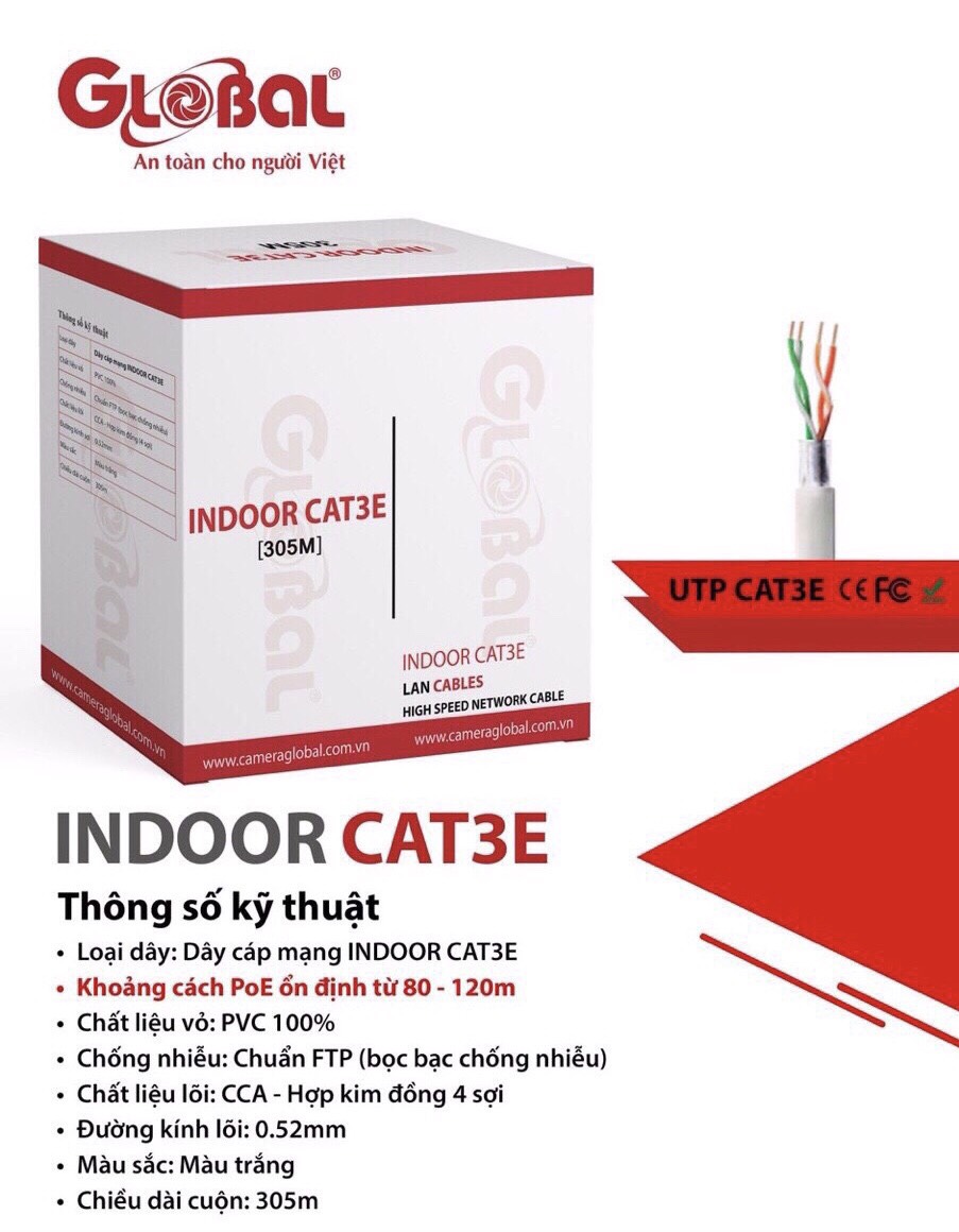 [HCM]Dây cáp mạng chuyên dùng camera IP POE Indoor CAT3E chất liệu lõi CCA - Hợp kim đồng 4 sợi đường kính lõi 0.52mm