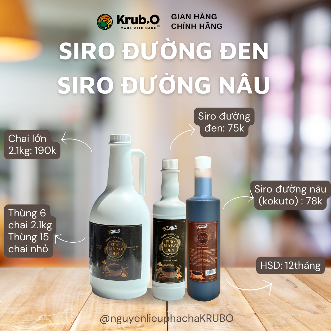 Siro Đường Đen Krub.O (Brown Sugar Syrup) Chai 580ml tiện lợi/ Chai 2.1kg tiết kiệm- Pha chế Sữa Tươi Trân Châu Đường Đen