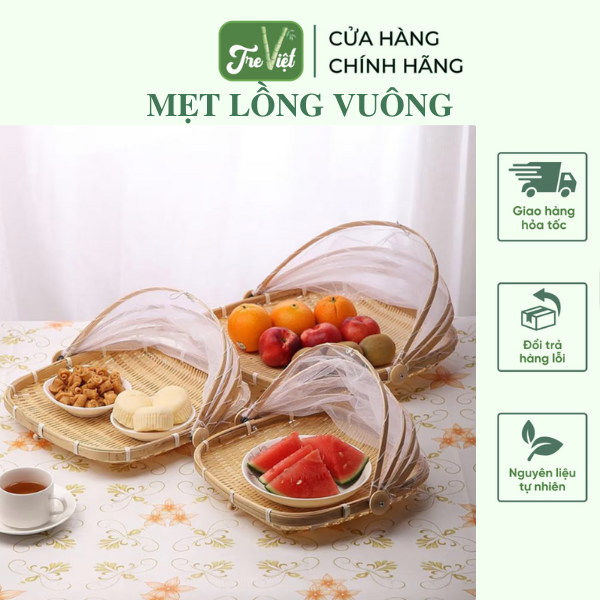 Mẹt Tre Lồng Bàn Vuông / Lồng bàn gấp gọn - Bamboo Food Storage Tray With Lid