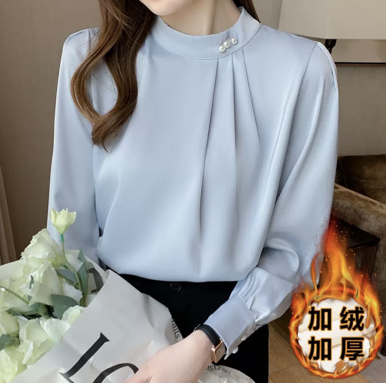  Áo trung niên nữ chất liệu Lụa Áo Sơ Mi Trung Niên Nữ Họa Tiết Cổ Tròn Đính Ba Cúc HT _Thời Trang Trung Niên 