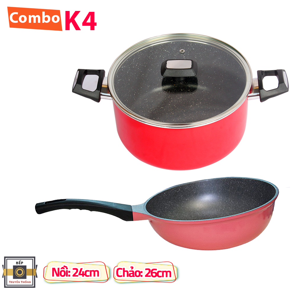 Bộ 2 nồi chảo cao cấp, nồi chống dính vân đá , quai chống nóng, nắp kính cường lực viền inox size 24 cm và Chảo đúc chống dính vân đá ceramic sâu lòng 26 cm, dùng bếp gas, hồng ngoại, ...