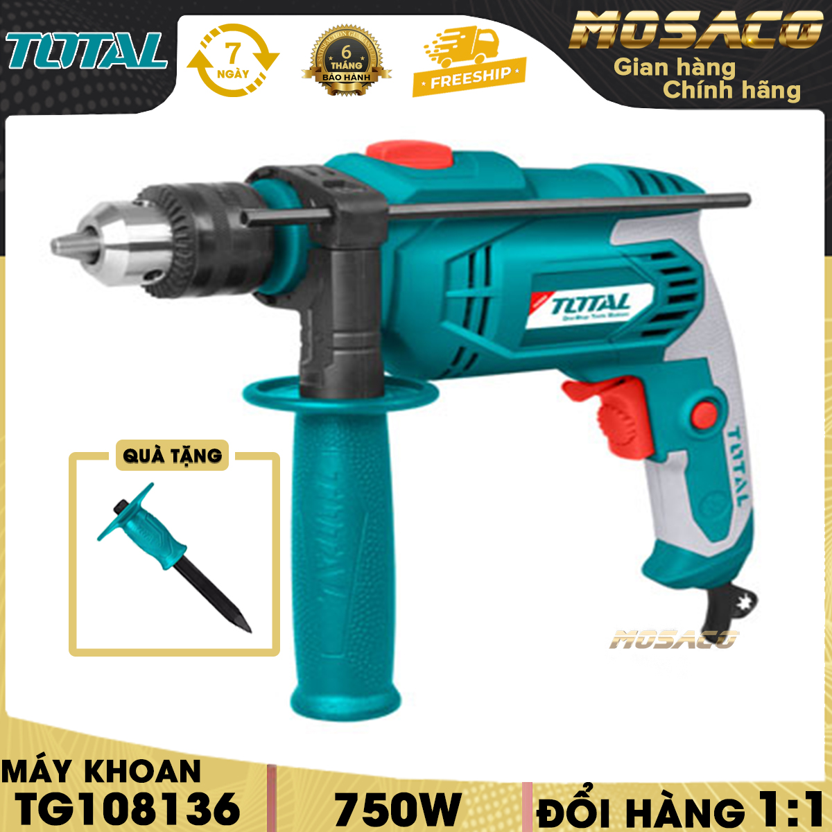 Máy Khoan Búa 750W TOTAL TG108136 công tắc đảo chiều Máy khoan búa cầm tay được thiết kế theo công nghệ tiên tiến cho độ bền chắc và thời gian sử dụng lâu dài. Công suất 750W, khoan tối đa 13mm - MOSACO