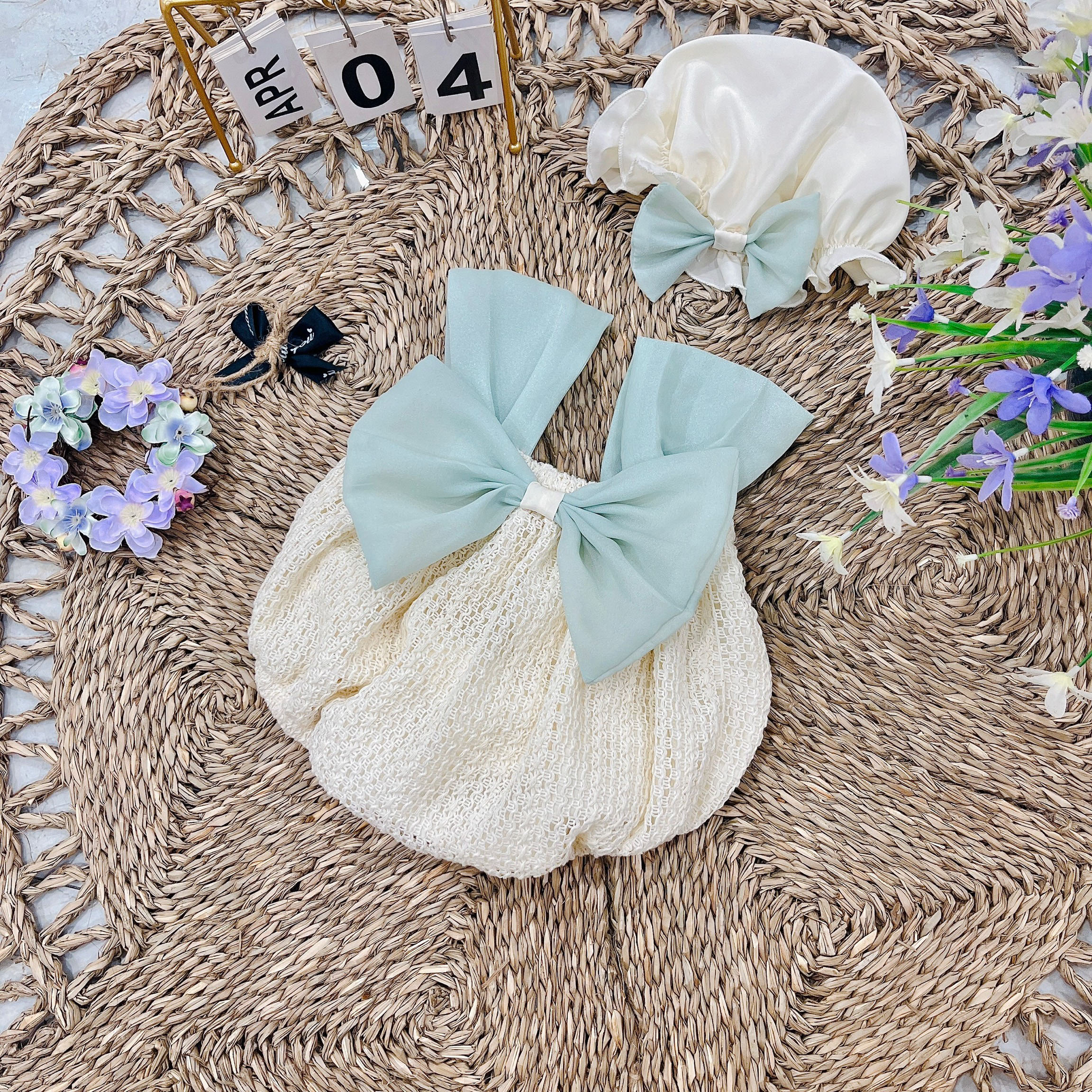 BD117 Bodysuit dây nơ xanh RIOKIDS cho bé gái sơ sinh đi chơi, tiệc, Lễ Tết, Xuân Hạ vô cùng dễ thương