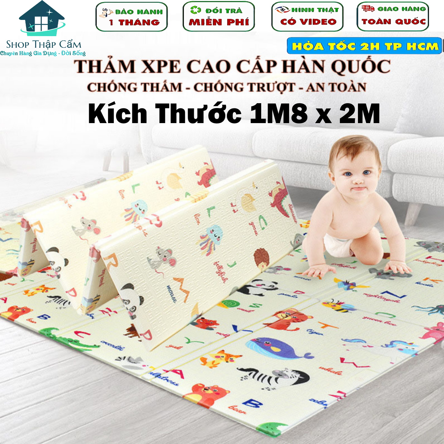 Thảm xốp chơi cho bé XPE gấp gọn 1m8x2m chống trơn trượt, chống thấm - Tặng Kèm Túi Đựng