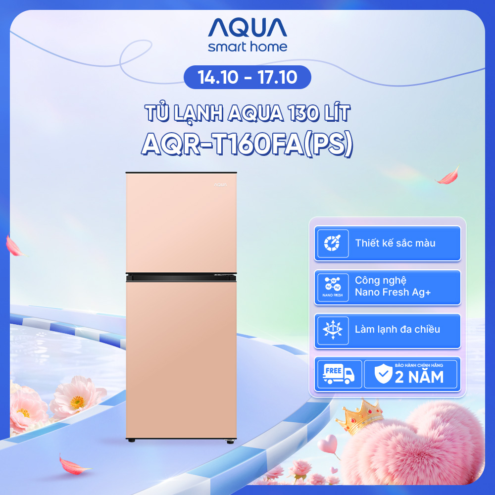 [SẢN PHẨM MỚI 2025] Tủ lạnh AQUA 130 lít ngăn đá trên AQR-T160FA(PS) - Màu hồng - Freeship toàn quốc